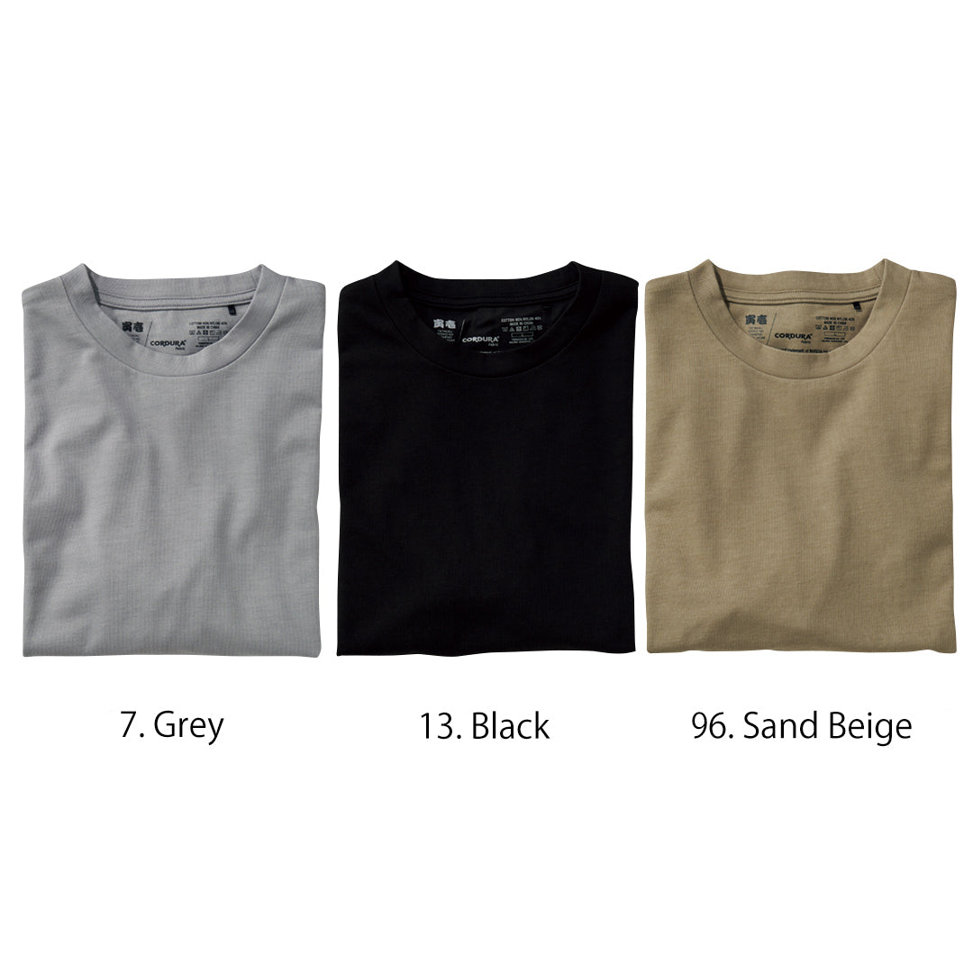Lineup of the Toraichi Japanese workwear short-sleeved crew neck T-shirts in grey, khaki, and white displaying durable cotton-nylon construction.
