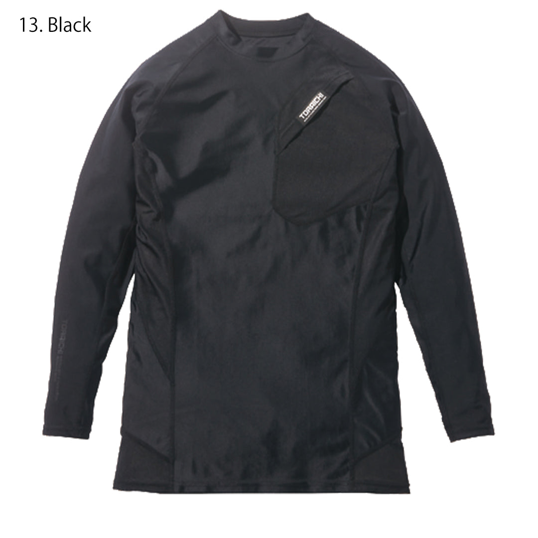 Side view of the Toraichi Japanese workwear performance shirt highlighting the stretch polyester-polyurethane fabric and breathable construction.