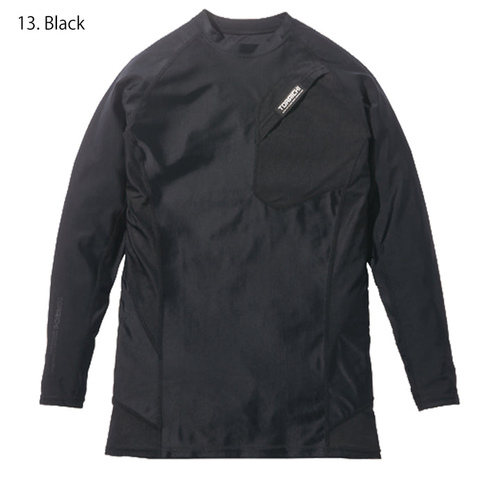 Side view of the Toraichi Japanese workwear performance shirt highlighting the stretch polyester-polyurethane fabric and breathable construction.