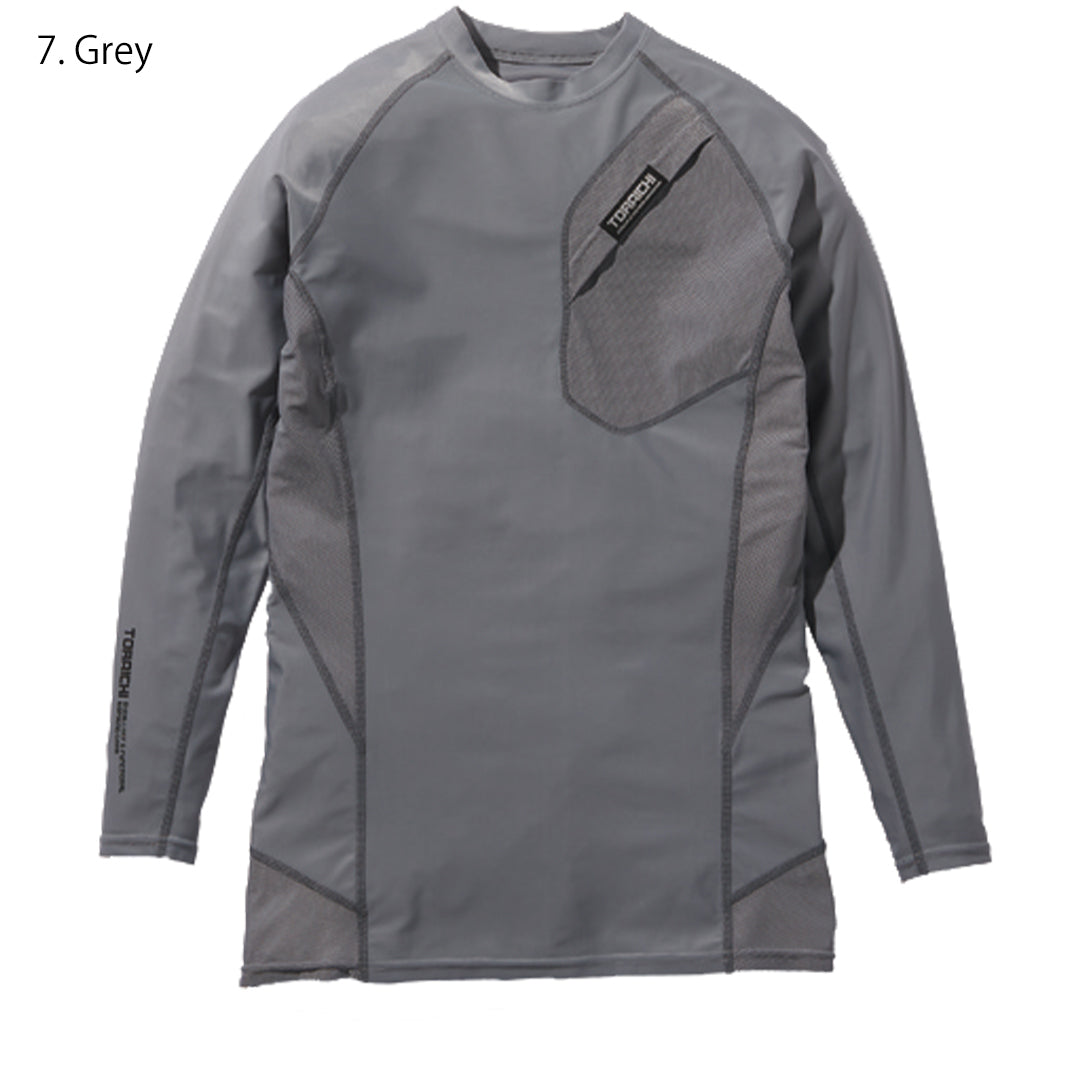 The Toraichi Japanese workwear 5982-617 long sleeve crew neck T-shirt in grey showing a slim, ergonomic fit with mesh ventilation panels on the sides.