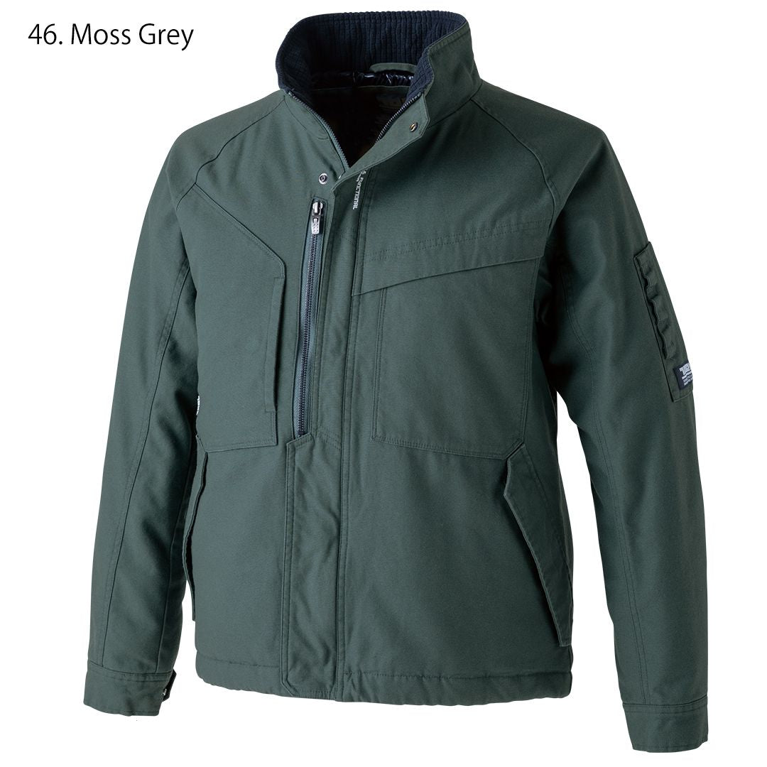 Front view of the Toraichi 2801-129 Cold Weather Blouson Jacket in Moss Grey, a durable piece of Japanese tobi workwear designed for cold climates