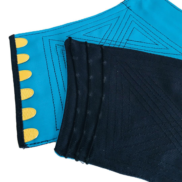 Blue and black fabric detail showing craftsmanship of Japanese workwear hand guards
