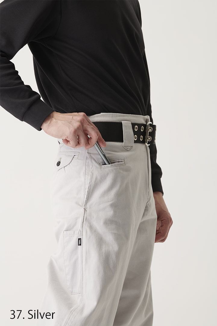 Back view of light grey slim hachibu tobi trousers with wide waistband