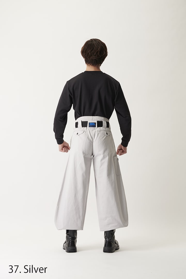 Slim super long hachibu pants showing dramatic length and clean taper