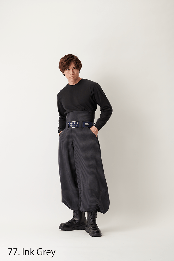 Traditional Japanese workwear trousers with high waist and cuffed design