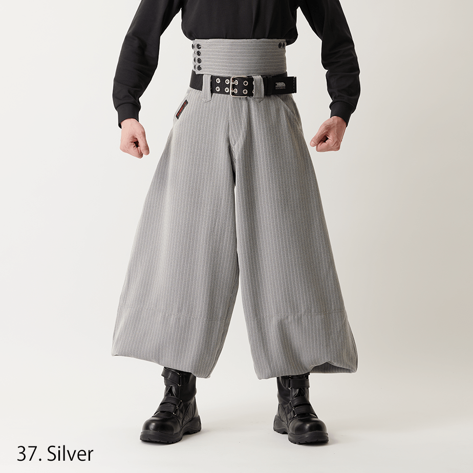 Dark navy Japanese work pants with pinstripe texture and unique volume
