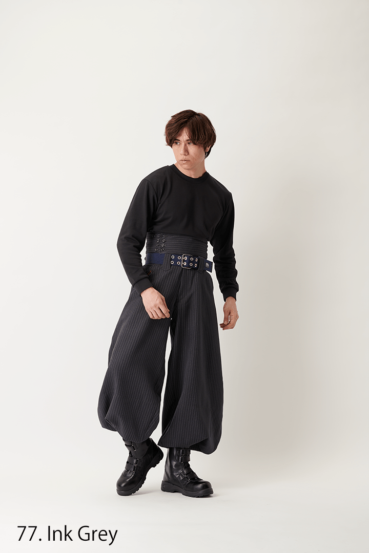 Dark navy striped tobi pants with extra-long cut and bold volume