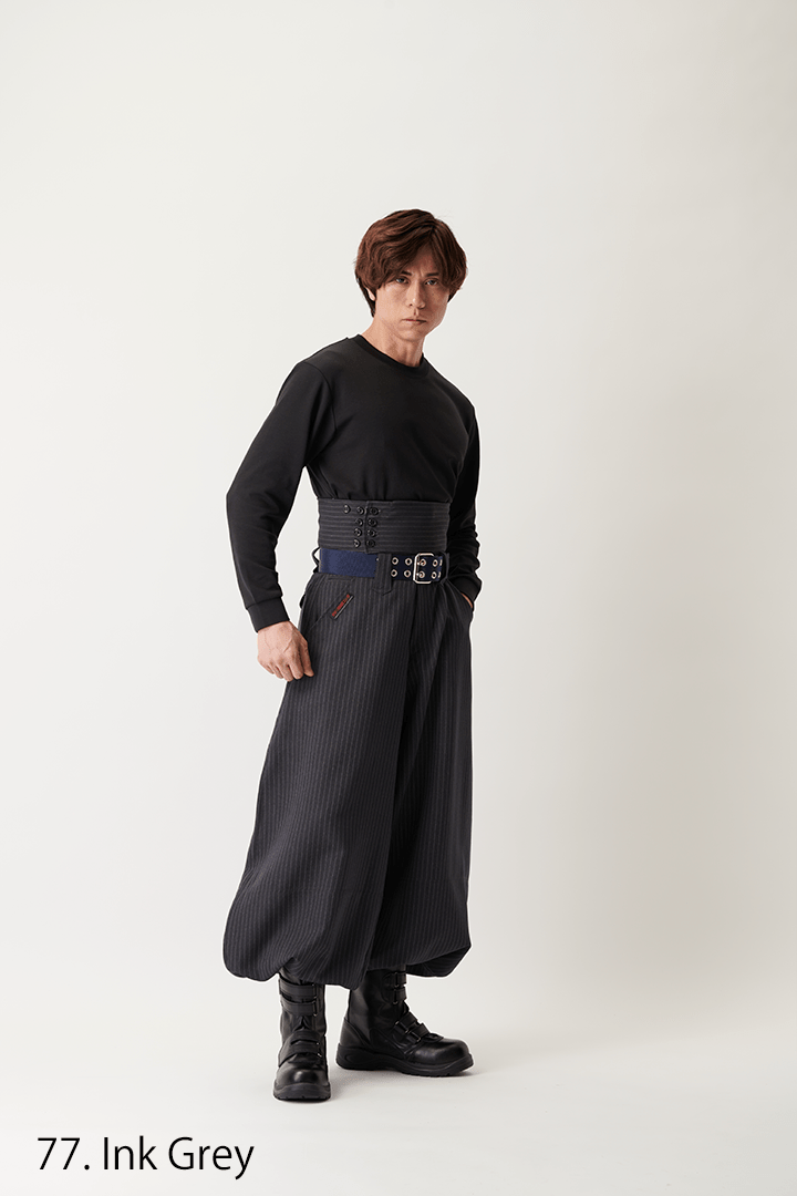 High-waist Japanese work pants featuring a textured stripe weave