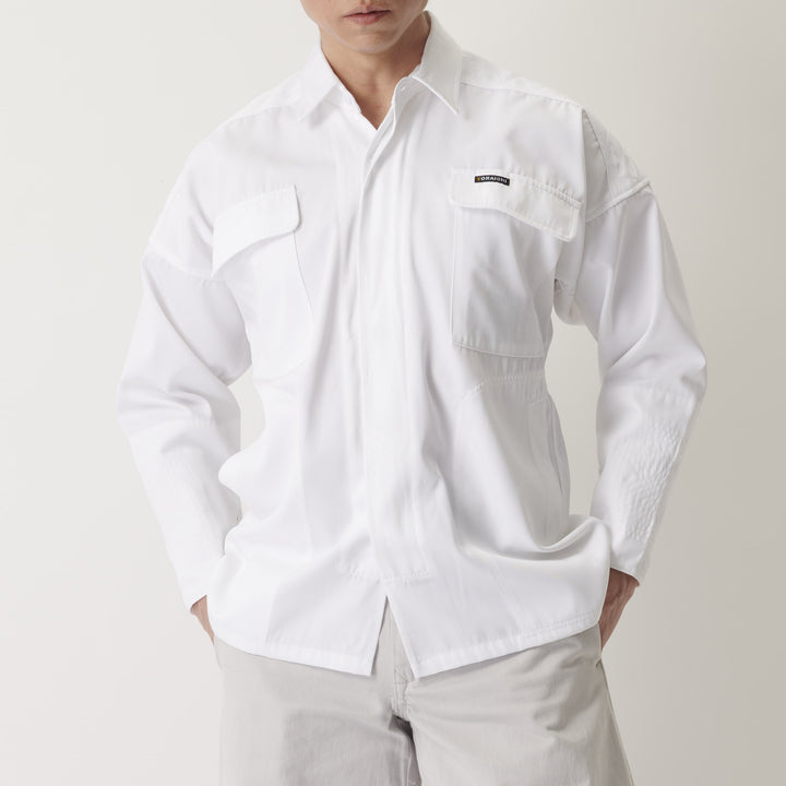 White Toraichi tobi shirt front view worn by model