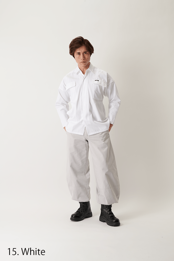 White tobi shirt side profile view with chest pockets