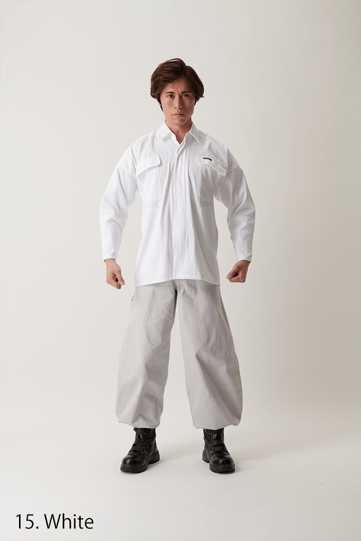 Close-up of chest pocket detail on white Japanese work shirt
