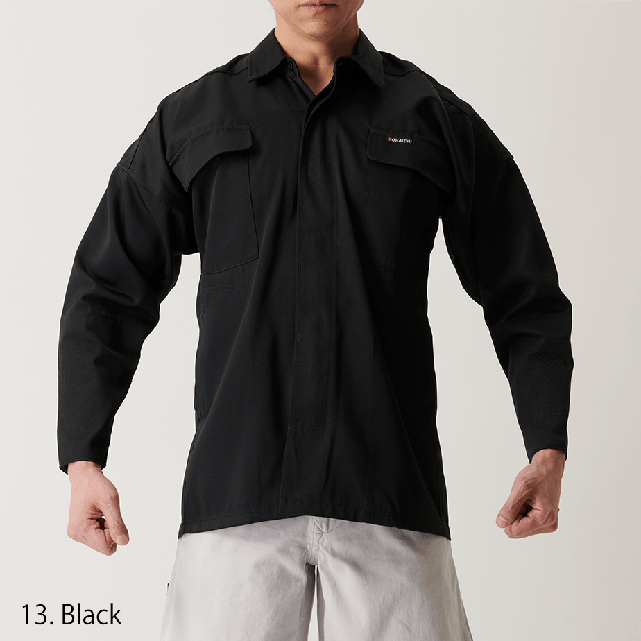 Flat-lay of white Toraichi work shirt with front pockets visible