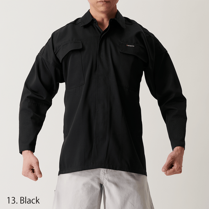 Flat-lay of white Toraichi work shirt with front pockets visible