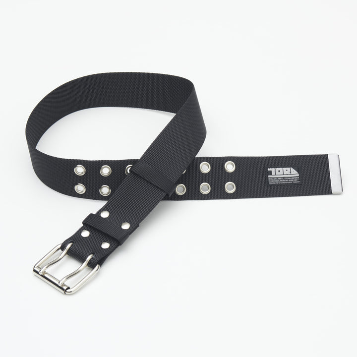 black toraichi 2-pin belt with silver buckle and metal eyelets on white background