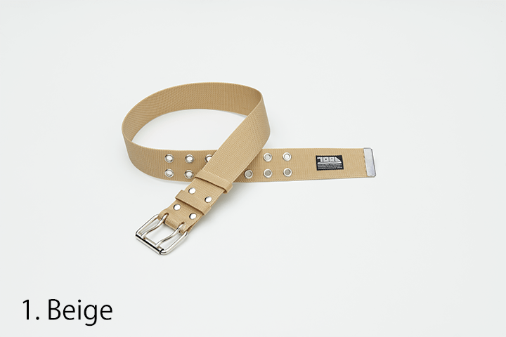 navy toraichi 2-pin belt with silver buckle and metal eyelets on white background