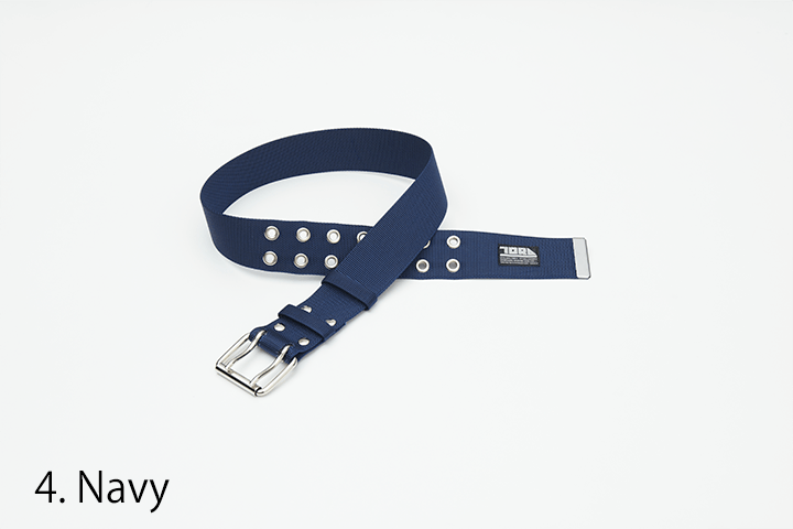 white toraichi 2-pin belt with silver buckle and metal eyelets on white background