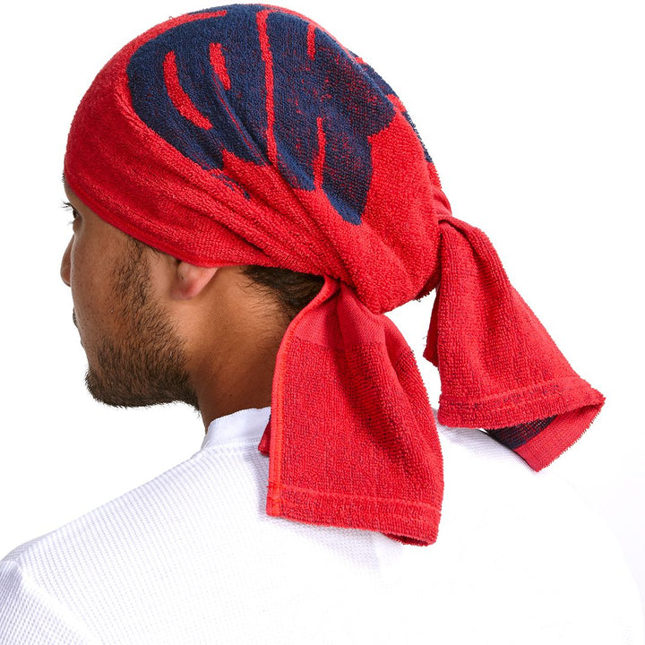 toraichi red-edged japanese workwear towel tied around the head