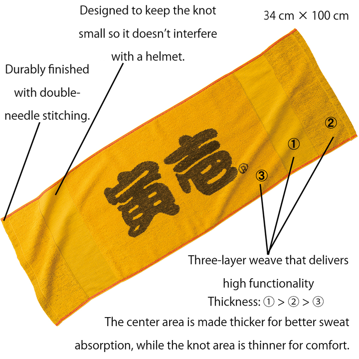 yellow toraichi japanese workwear towel with bold kanji logo