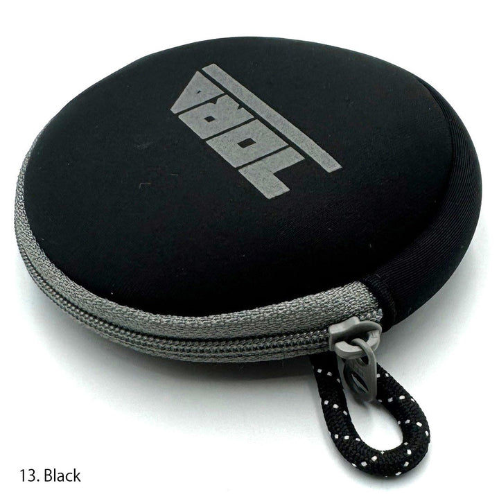 Top view of Toraichi tobi workwear coin pouch showing zipper and loop handle detail