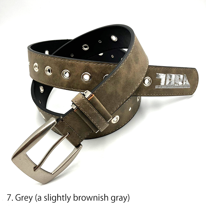 olive green toraichi patterned belt with metal buckle and reinforced holes
