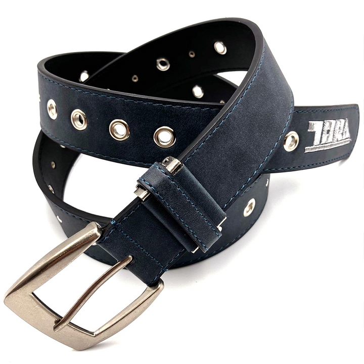 navy toraichi patterned belt with silver buckle and logo detail