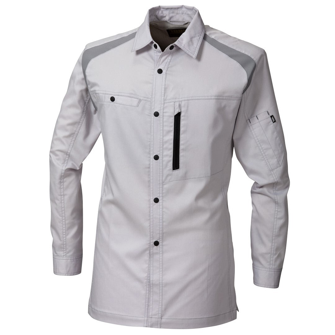 Front view of Toraichi tobi shirt in silver Japanese workwear style with contrast shoulder panels