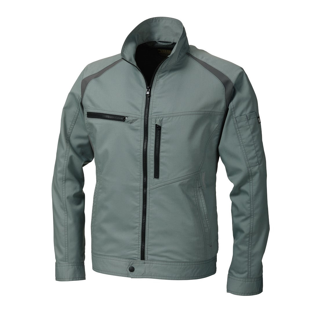 front view of the Toraichi 2131-124 tobi jacket in earth green, a lightweight Japanese workwear blouson