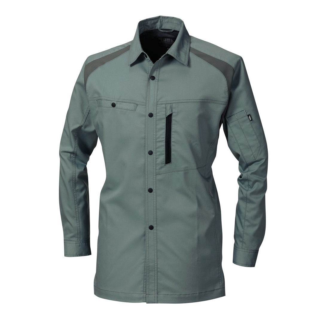 Front view of Toraichi tobi shirt in green Japanese workwear style with contrast shoulders