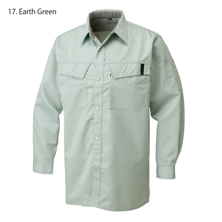 Close-up of chest pocket and button detailing on Toraichi Japanese workwear shirt