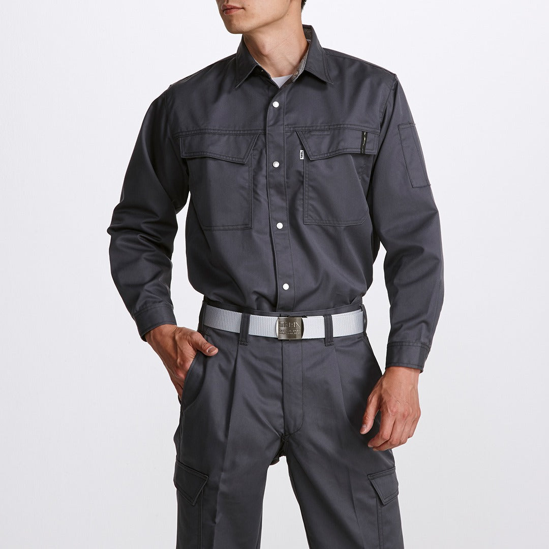 Front view of Toraichi tobi shirt in dark grey Japanese workwear style with button closure
