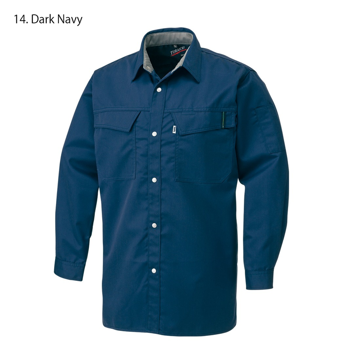 Three-quarter front view showing flap pockets and fitted silhouette of Toraichi tobi shirt