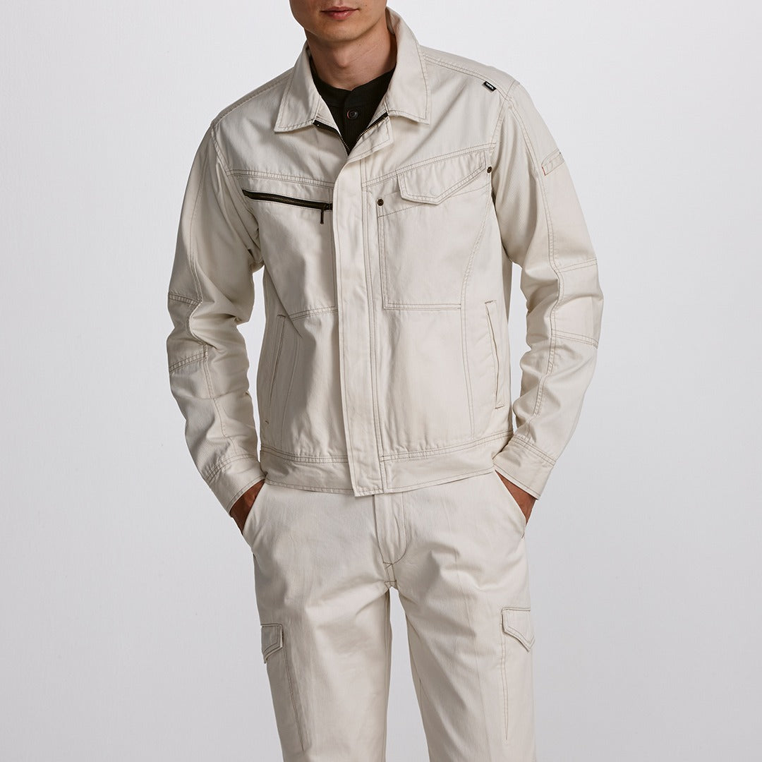 Front view of Toraichi 2180-124 long sleeve blouson jacket in beige