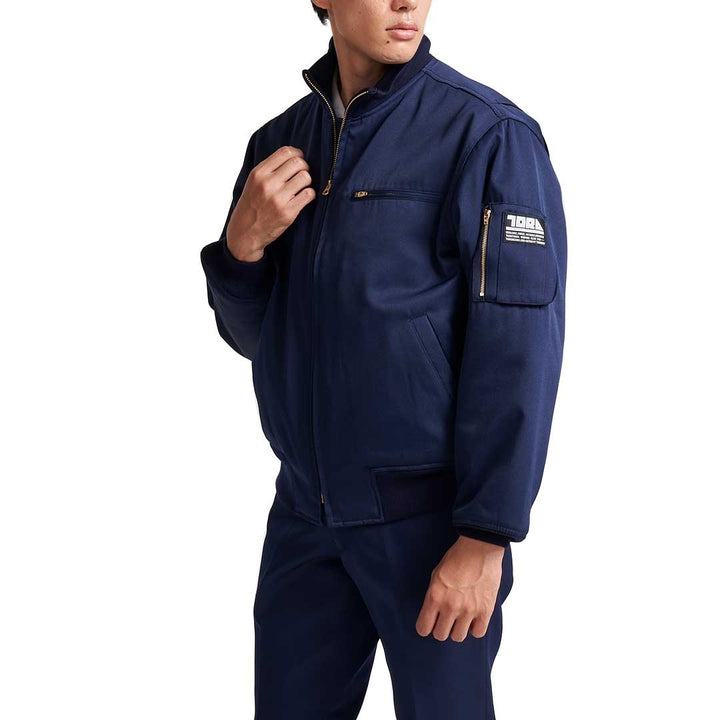 Front view of model wearing Toraichi 2530-137 Tankers Jacket in dark navy