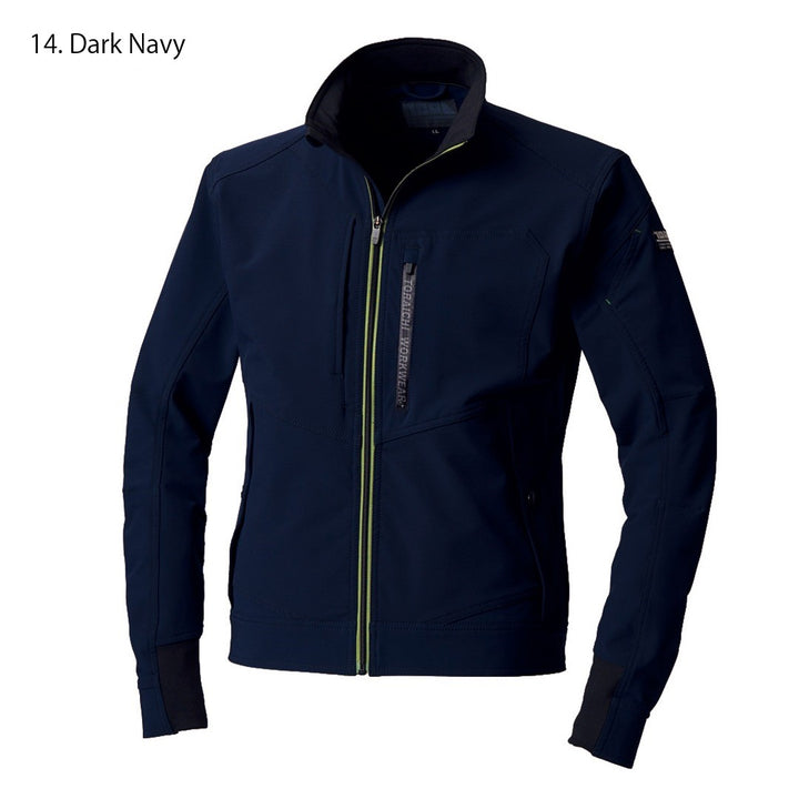 Back view of the navy Toraichi workwear jacket, showcasing its clean silhouette and stretch construction.