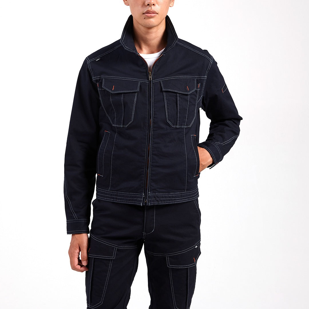 Front view of model wearing Toraichi 3900-124 Long Sleeve Blouson Jacket in navy