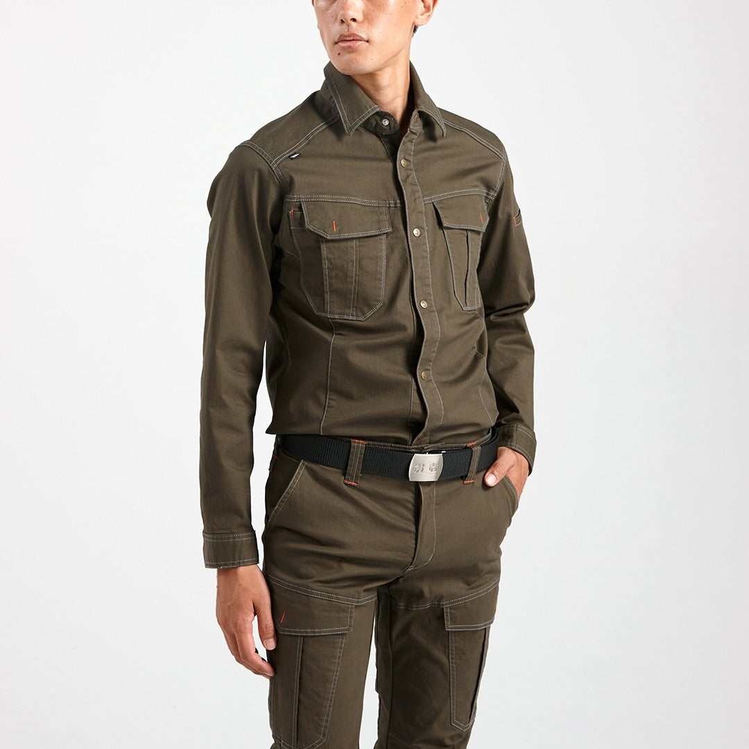 Front view of Toraichi tobi shirt in brown Japanese workwear style with contrast stitching