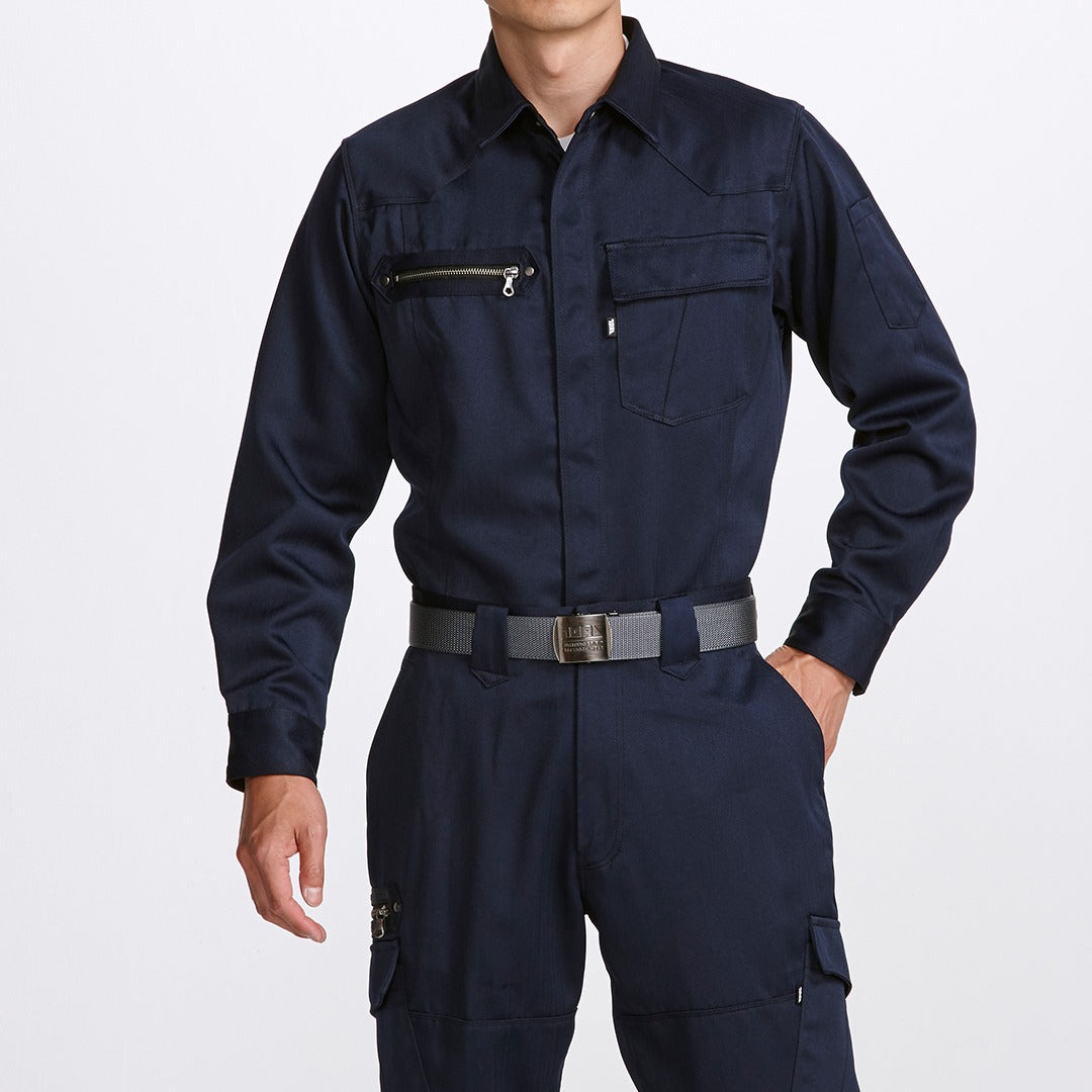 Front view of Toraichi tobi shirt in navy Japanese workwear style with zip and flap pockets