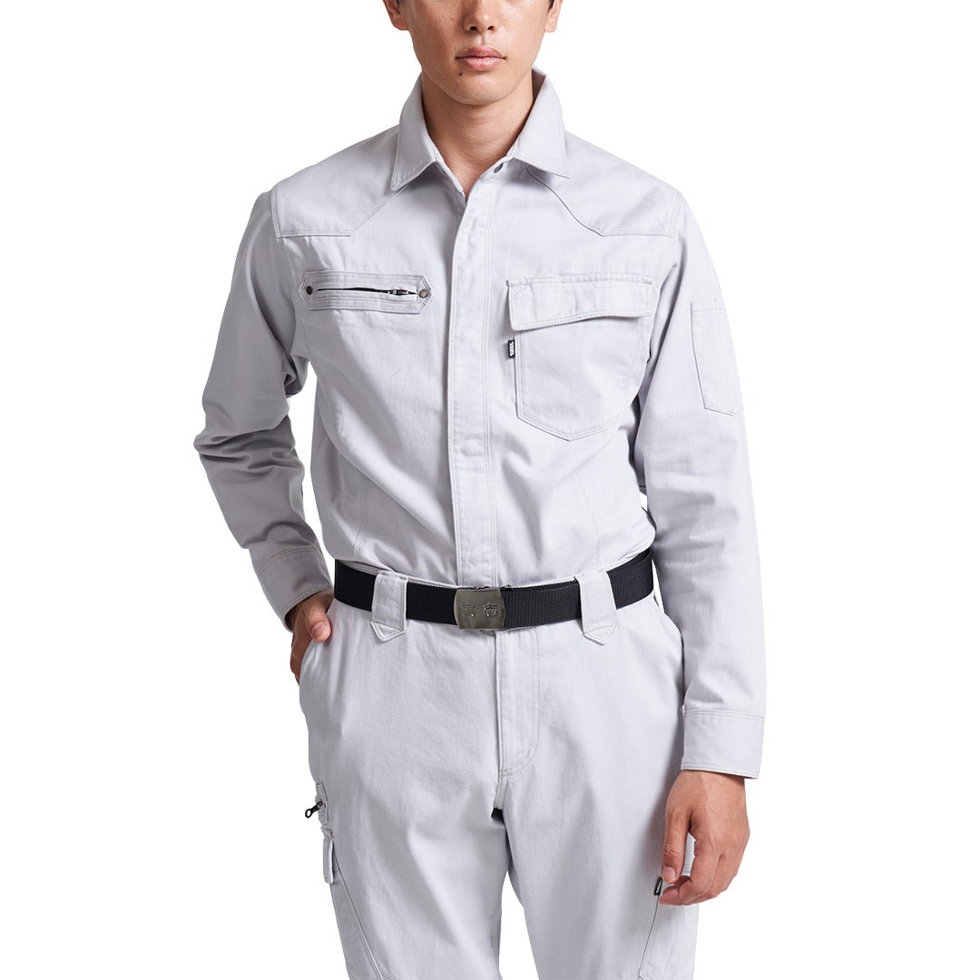 Front view of silver Toraichi men’s tobi workwear shirt made from 100% cotton, showing zip chest pocket and flap detail