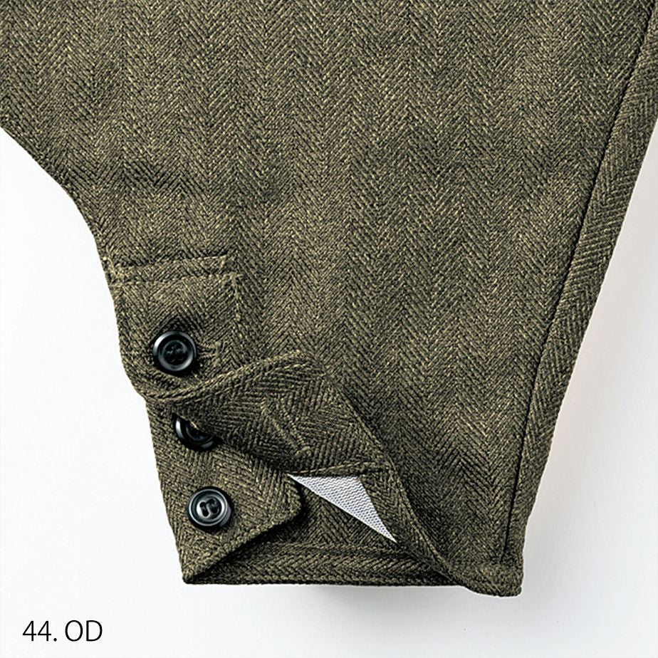 Back view of slim hachibu trousers in OD green, Japanese style