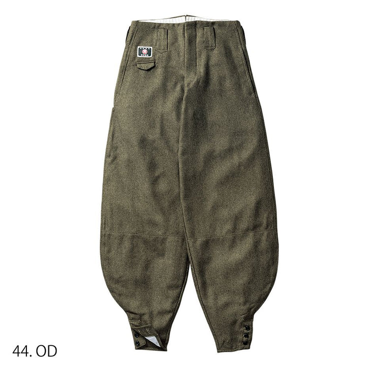 Olive brown Japanese tobi pants slim hachibu style, full length view