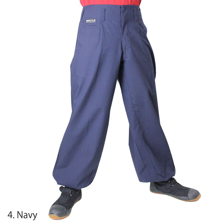 Side profile of Toraichi tobi pants showing roomy cut and taper