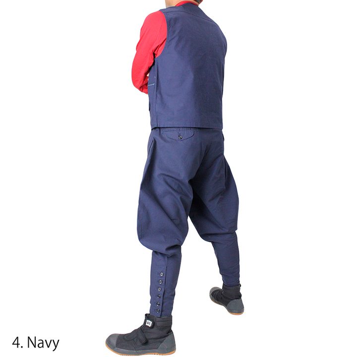 Navy Tobi Pants showing traditional silhouette and wide thighs