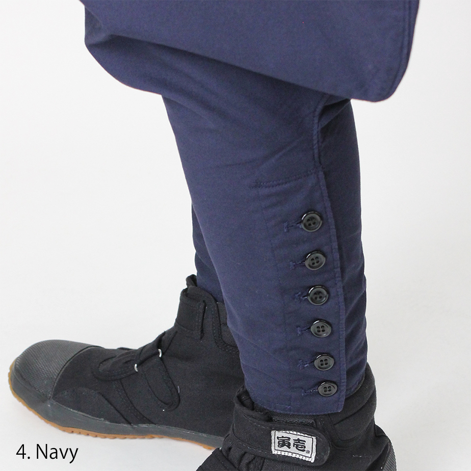 Close-up of leg buttons on Navy Japanese Tobi Pants