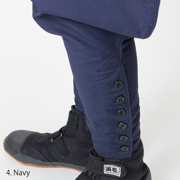 Close-up of leg buttons on Navy Japanese Tobi Pants