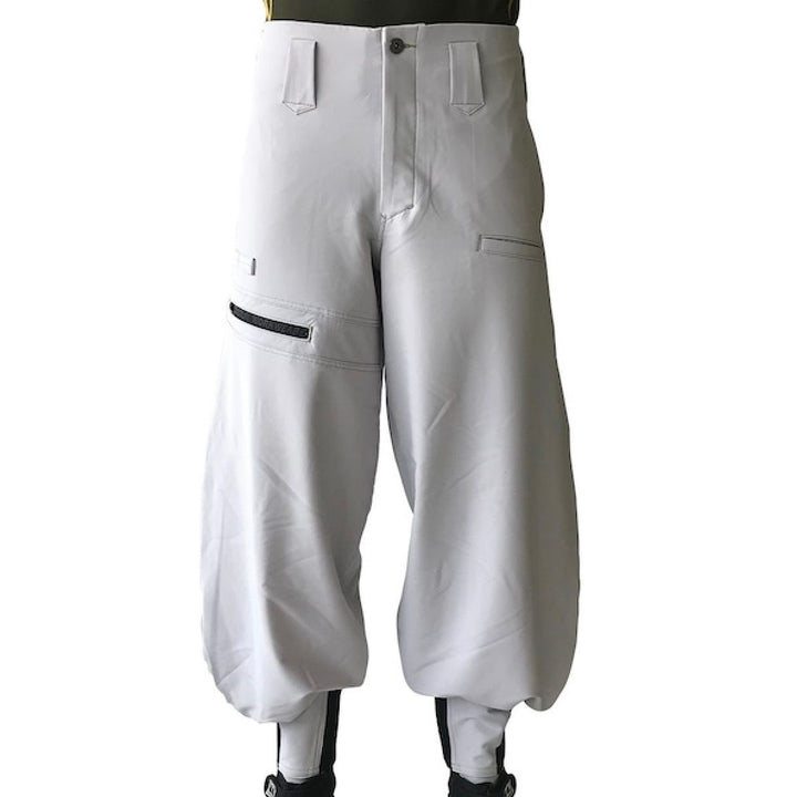 Front view of silver Toraichi tobi pants with wide ballooned legs