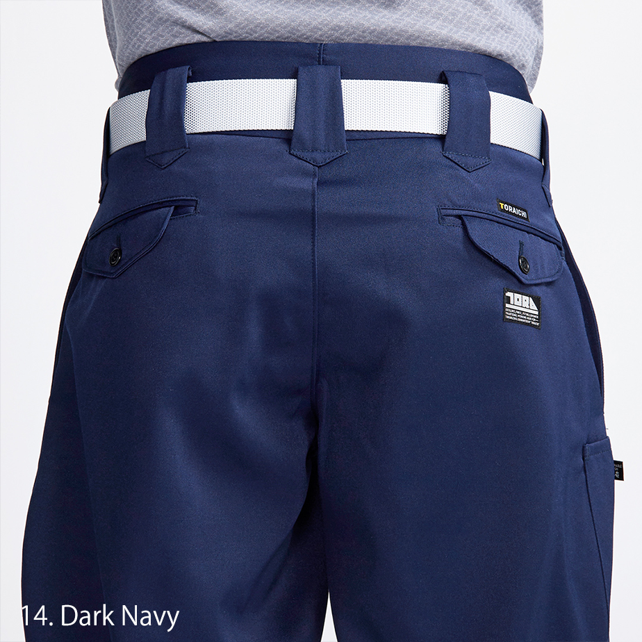 Back pocket and waistband view of Toraichi navy tobi pants