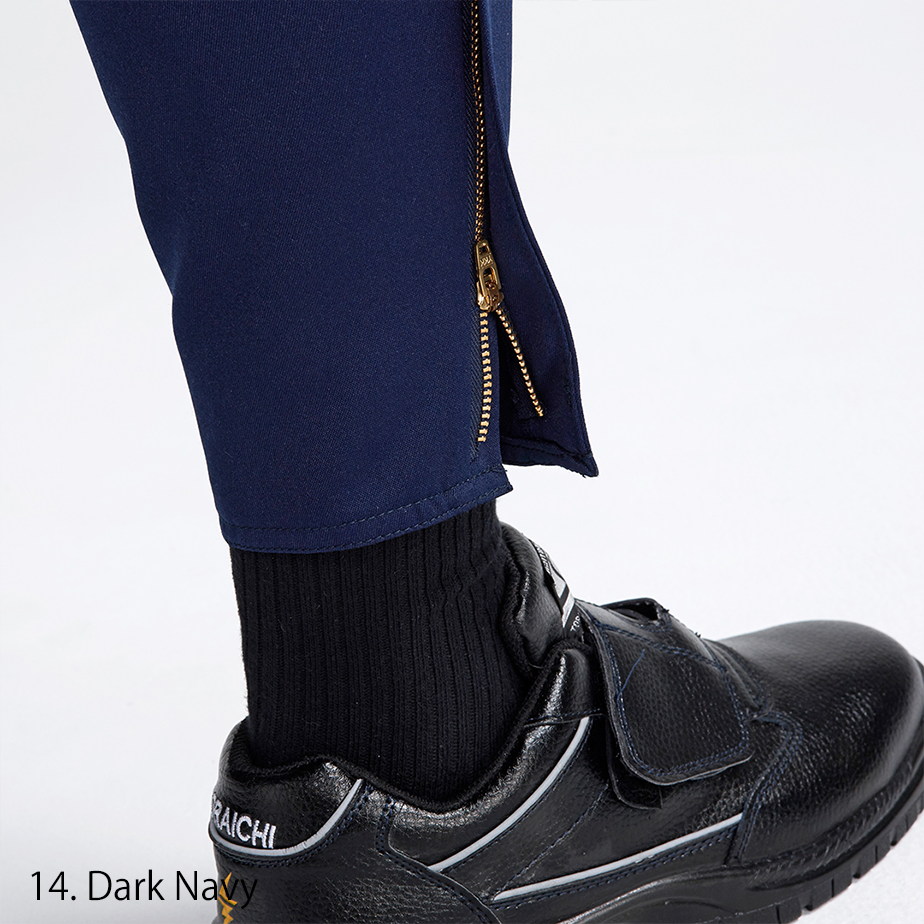 Close-up of tapered leg opening on Toraichi navy tobi pants