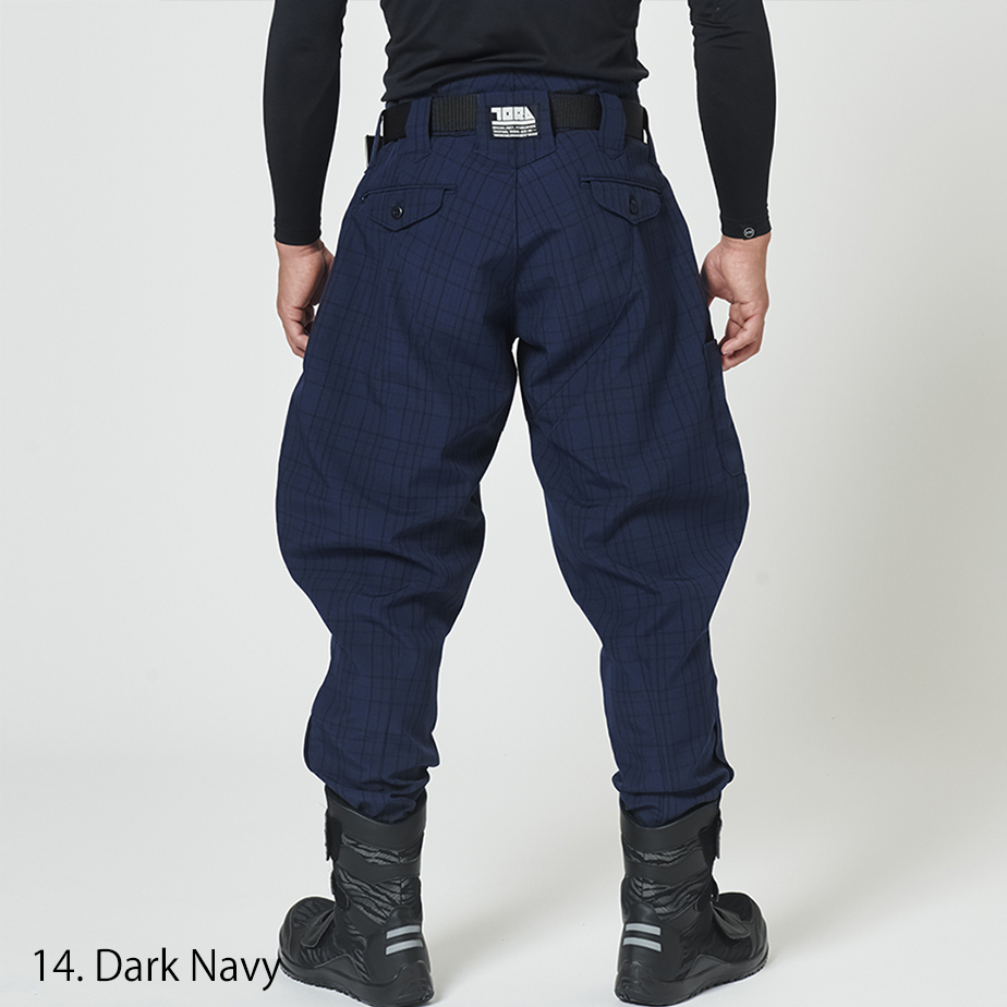 Toraichi tobi pants horse riding cut in navy check pattern standing front view