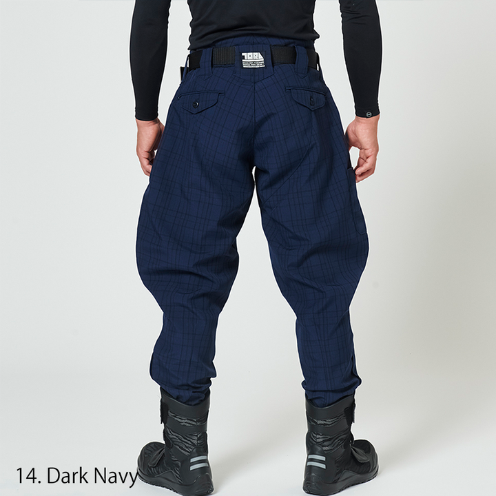 Toraichi tobi pants horse riding cut in navy check pattern standing front view
