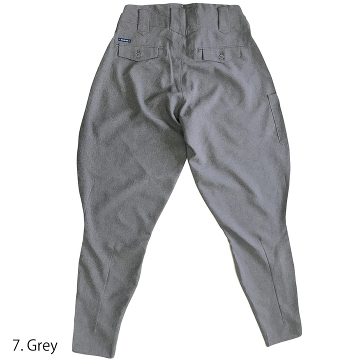 Toraichi grey tobi pants displayed from the back with riding-style silhouette